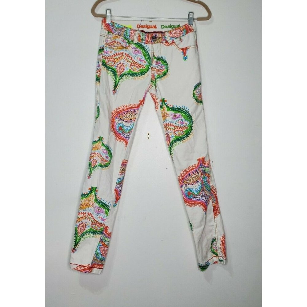 Desigual Size 26 White Pattern Pant Skinny Cotton Stretch Boho Art
